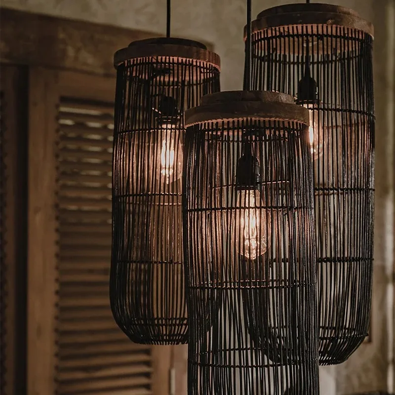 Vintage rattanowa latarnia lampa wisząca ręcznie tkane oświetlenie Wabi-sabi styl japoński wystrój restauracji jadalnia lampy wiszące