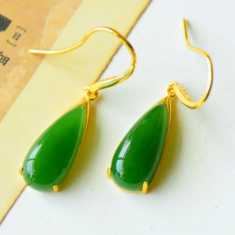 SGARIT Natural Hetian Green Jade S925 Silver  Waterdrop Hook Earrings 8*37mm Unique Design Fine Texture Elegant Versatile