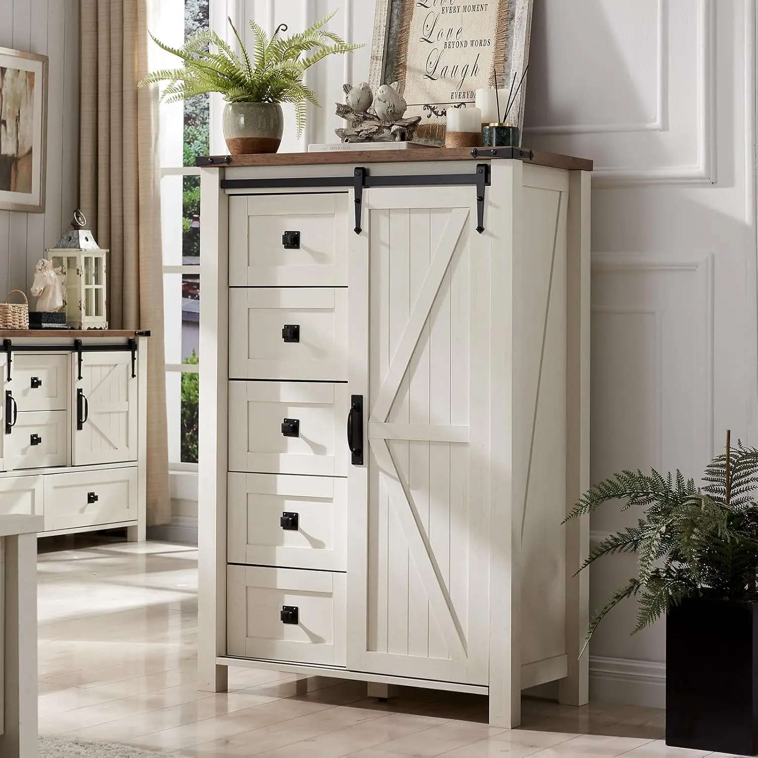 

5 Drawers Dresser for Bedroom w/Sliding Barn Door, Farmhouse Modern Tall Dresser 5 Chest of Drawers, Storage Organizer D