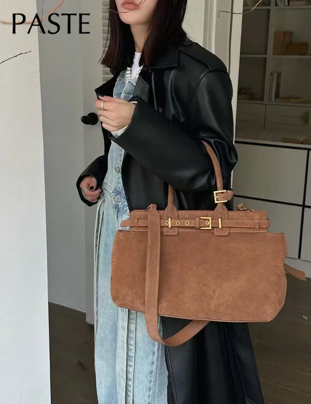 حقيبة يد للعمل من جلد Nubuck للنساء ، حقيبة حمل كبيرة ، قهوة غير لامعة ، جمل رمادي ، طراز روسي ، جلد مدبوغ حقيقي ، جلد بقر ، شتاء