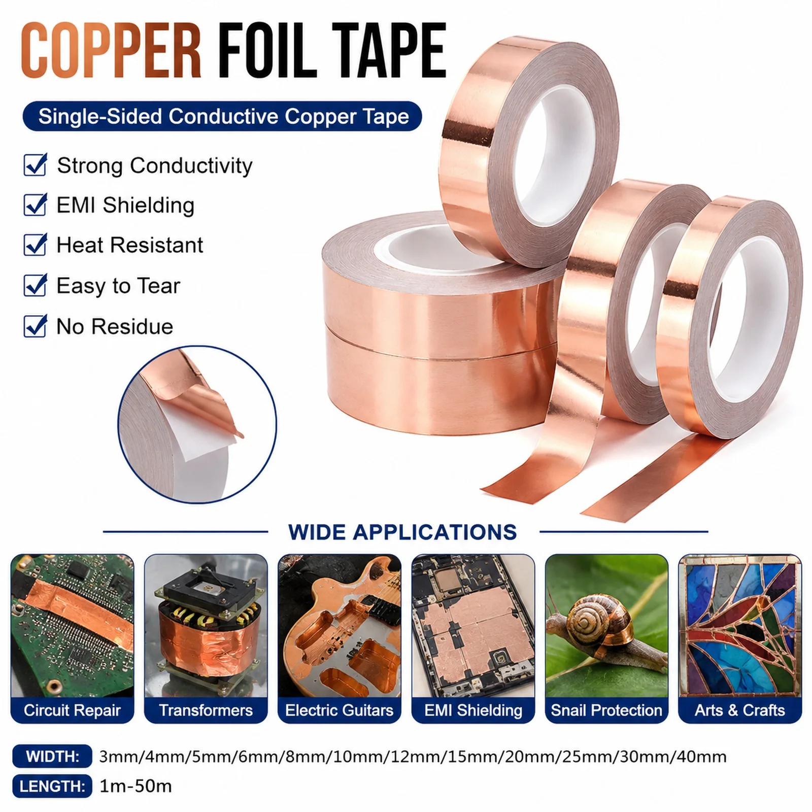 1/3/5rol Single-Sided Conductive Copper Foil Tape Shielding Snail Tape Circuit Repair Tape for Home Appliances and Colored Glass