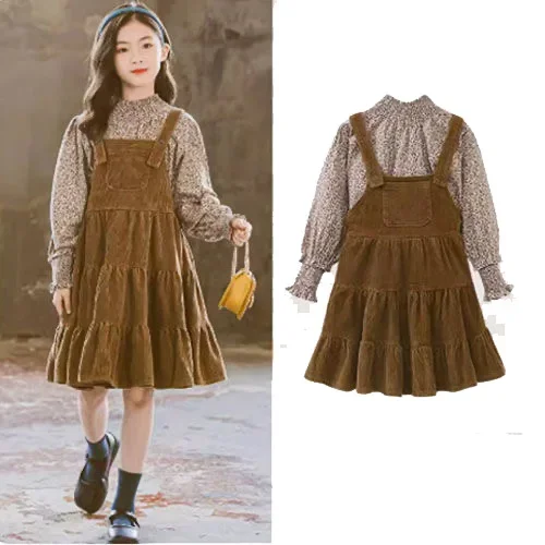 Girls Outfits Dress Sets 2025 Spring And Autumn New Girls Fragmented Flower Back Band Dresses 2pc Set 3-12 Years Kids Clothes