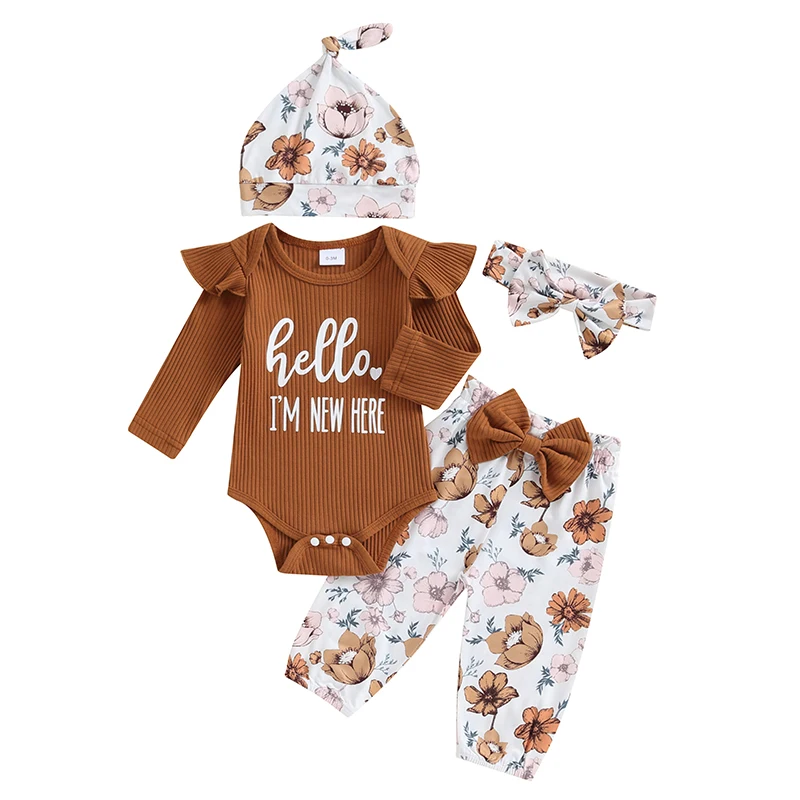 Im New Here Newborn Outfit Girl Boy Coming Home Clothes Ribbed Long Sleeve Romper Top Floral Pants Set 4pcs