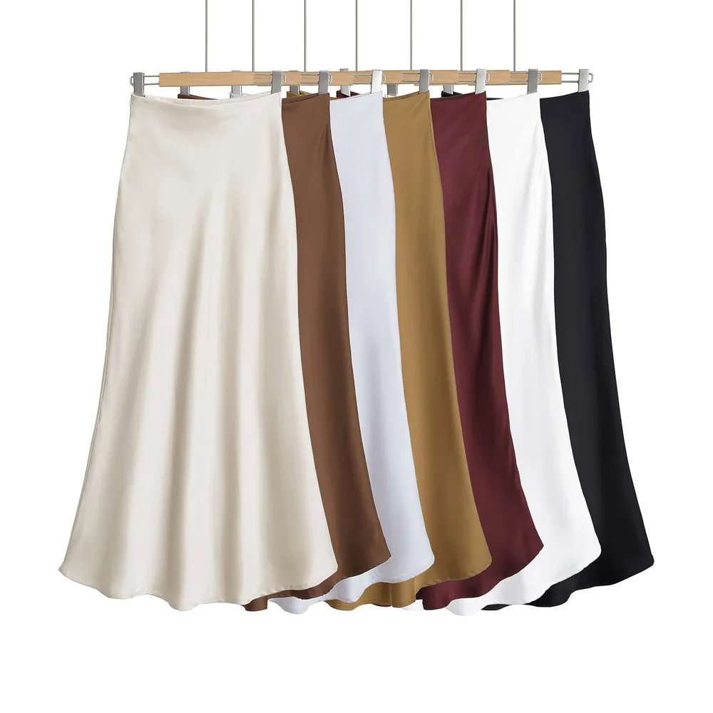 Novo em 2025 feminino primavera verão cor sólida elegante cetim saias longas na moda cintura alta outono estilo francês faldas