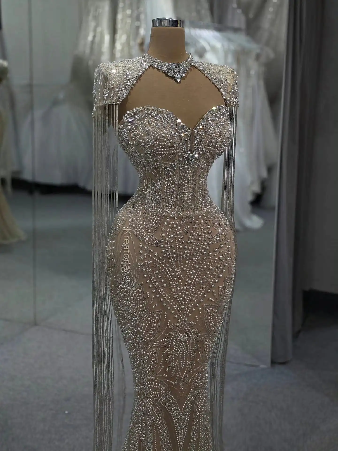 Nude Champagne Sequin Mermaid Evening Dress with Long Tassel Fully Beads Formal Gown Dubai Wedding Guest Party Dress Customized