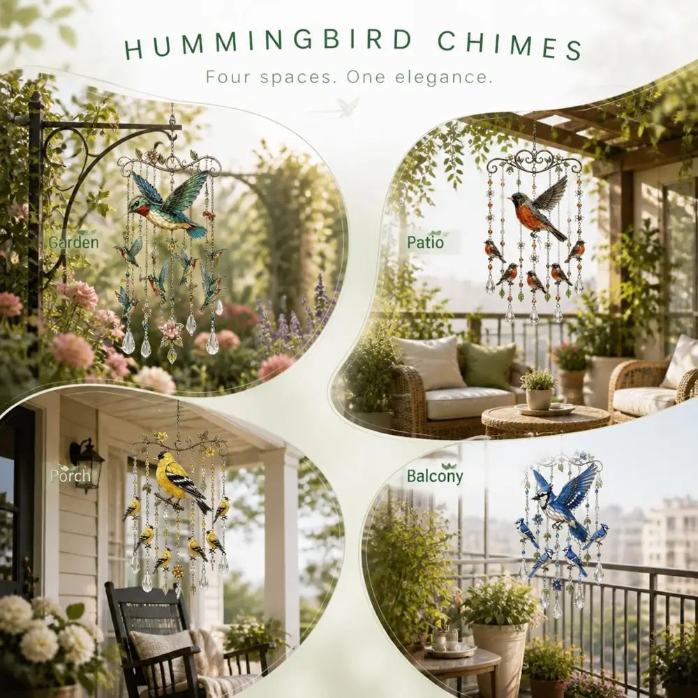Crystal Wind Chime Hummingbird Wind Chime Crystal Pendants Hummingbird Bird Wind Chime Colorful Metal Suncatcher Wind Chime - view 4
