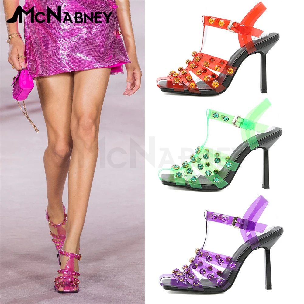 

Pvc Rhinestone Sandals Luxurious Style High Heels Novelty Design Square Toe Summer Shoes Stiletto High Heels Multicolor New In