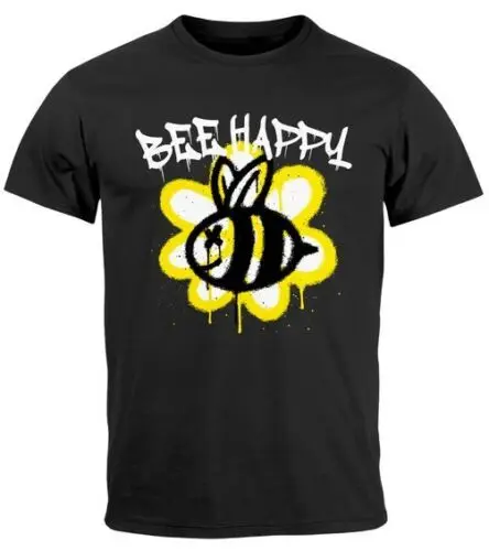 Herren T-Shirt Aufdruck Bee Happy Biene Blume Graffiti SchriftzugFashion