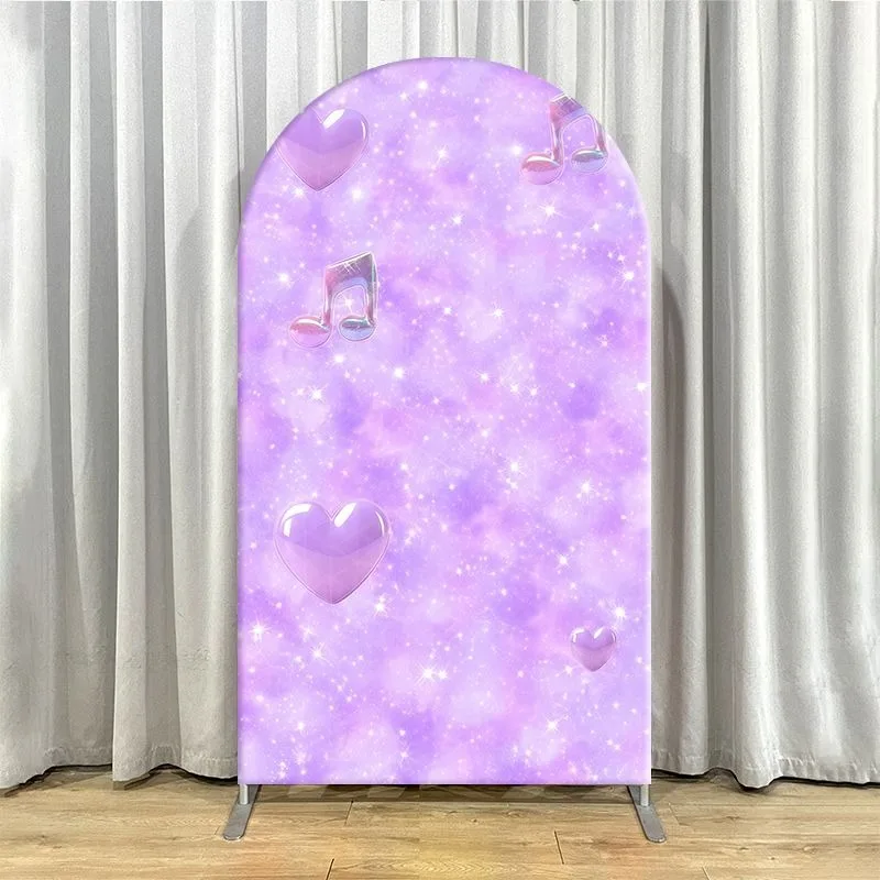 Elastic Double-layer Arch Backdrop Cover Purple Glitter Kpop Theme Backdrop Set for Events Featuring Heart Notes and Sparkle