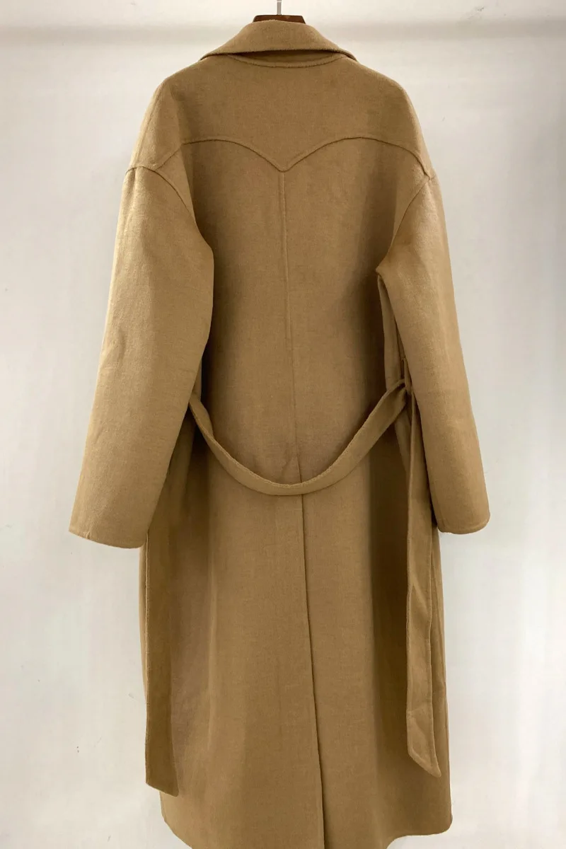 Maxdutti Modny Luźny Płaszcz Wysokiej Jakości 90% Wełna i 10% Jedwab Morwowy Vintage Karmelowy Dwustronny Wełniany Płaszcz Damski