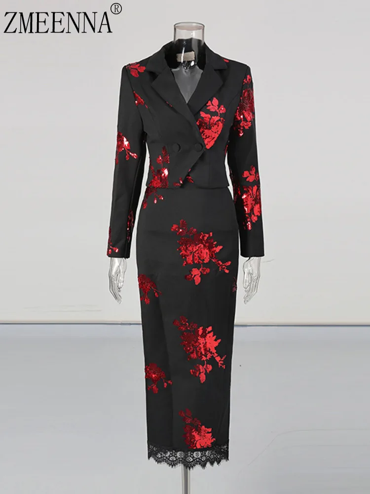 ZMEENNA نماذج جديدة للسيدات مكونة من قطعتين سترة منقوشة بالترتر وتنورة طويلة مجموعة ملابس الحفلات ملابس سهرة أنيقة ZM3937 #1