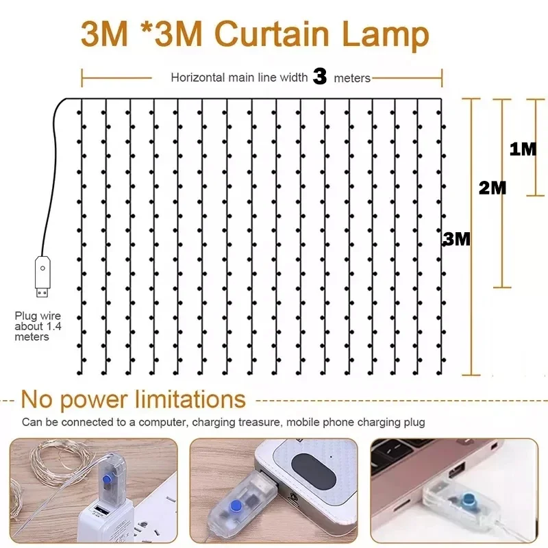 ม่านไฟ LED ประดับแบบพวงนางฟ้าหลอดไฟประดับแบบสายไฟปีใหม่ไฟสำหรับบ้านตกแต่งคริสต์มาสตกแต่งเดือนรอมฎอน