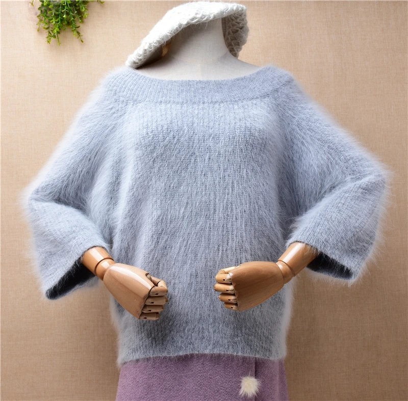 

04 Female Women Fall Winter Clothing Grey Hairy Mink Cashmere Knitted Three Quarter Sleeves O-Neck Loose Pullover Sweater Jumper