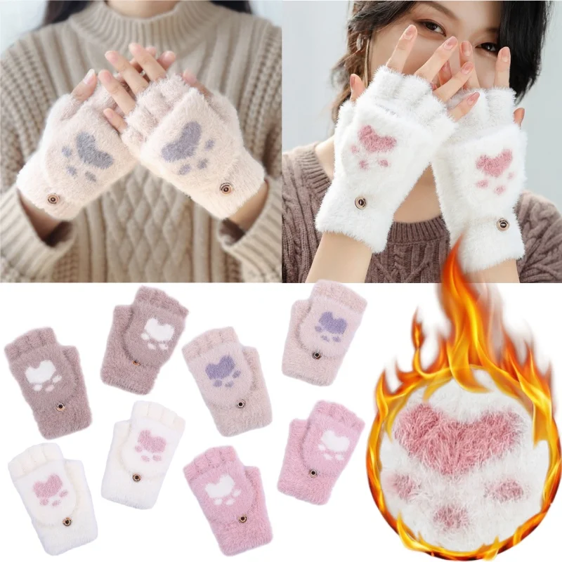 Winter Gestrickte Katzenpfoten Fäustlinge Cabrio Flip Top Handschuhe Thermo Plüsch Gefüttert Halbfinger Handschuhe Cartoon Tier Klaue Design