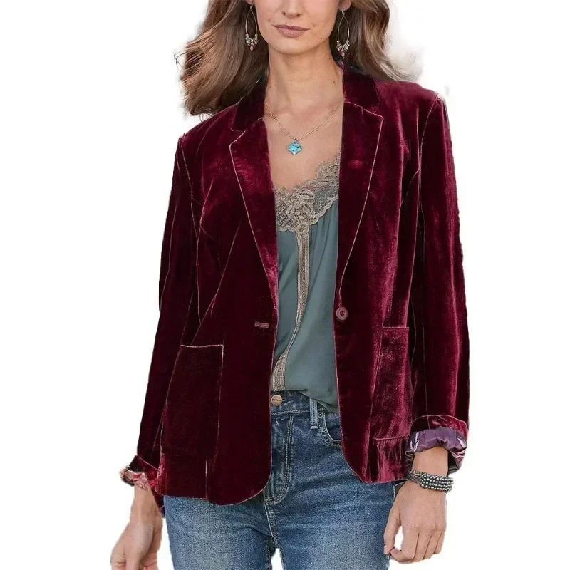 Women\'s Blazers Velvet Casual Business Suit Jackets Office Lady Solid Pocket Single Button Cardigan Coat Autumn Female Clothing