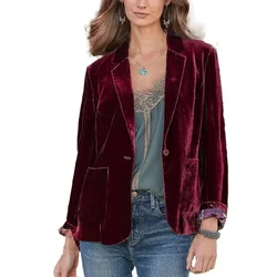 Women's Blazers Velvet Casual Business Suit Jackets Office Lady Solid Pocket Single Button Cardigan Coat Autumn Female Clothing