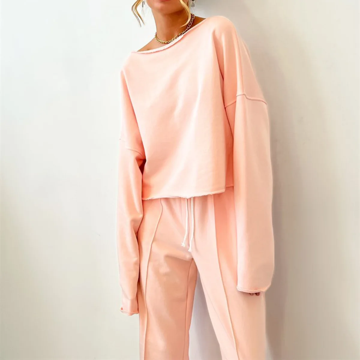 

2026 Women's New Fashion Trend Basic Solid Color Casual Splicing Drawstring Trousers Long-sleeved Suit Two-piece Set for Women