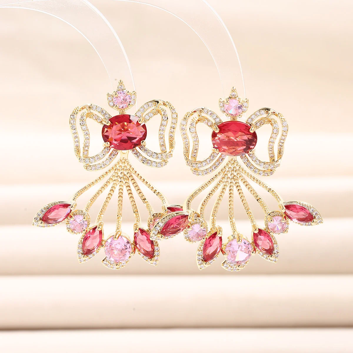 

925 Silver Needle Luxury Pink Red Gemstone Bowknot Chandelier Drop Earrings, Elegant Party Statement Jewelry Gift for Women