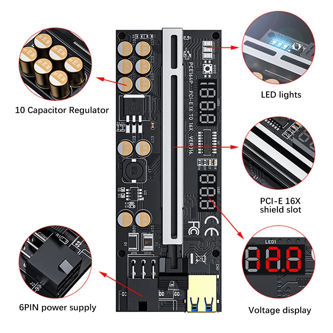 6 Pcs for BTC Miner VER016 PCI-E 1X to 16X USB3.0 GPU Riser Card with 10 Capacitors Temperature/Voltage Display+Shield