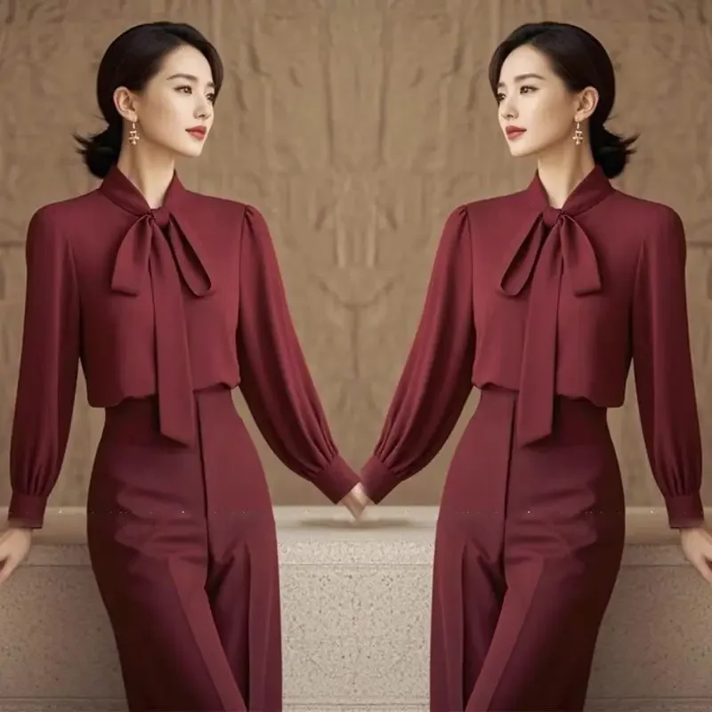 Nuevo traje francés elegante para mujer, moda de primavera, blusa con cordones + pantalones elásticos de cintura alta, conjuntos de 2 piezas para oficina para mujer