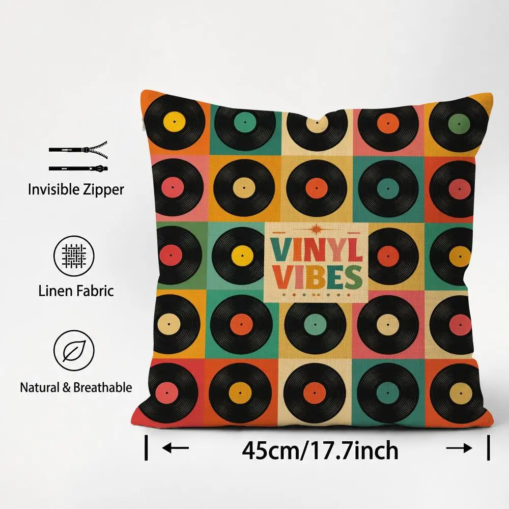 Music Art Vintage Vinyl Record Retro Music Cushion Cover Cushion Covers Natural Linen Breathable Sofa Bedroom Decor Pillowcase