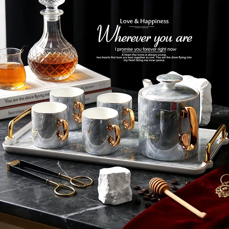 Nordic Style 6 Piece Ceramic Tea Set High End Teapot And Cups For Home Living Room Decoration Elegant Gift Packaging Modern