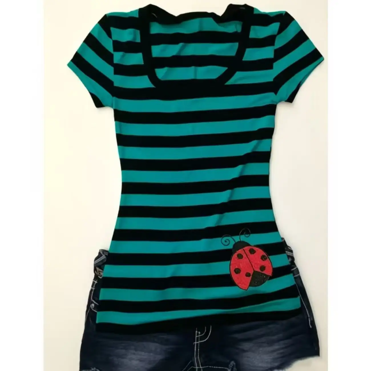 Summer Y2K Square Neck Striped Tee Teal Black Stripe Ladybug Graphic Slim Stretchy Short Sleeve Casual Daily Street Fashion Top
