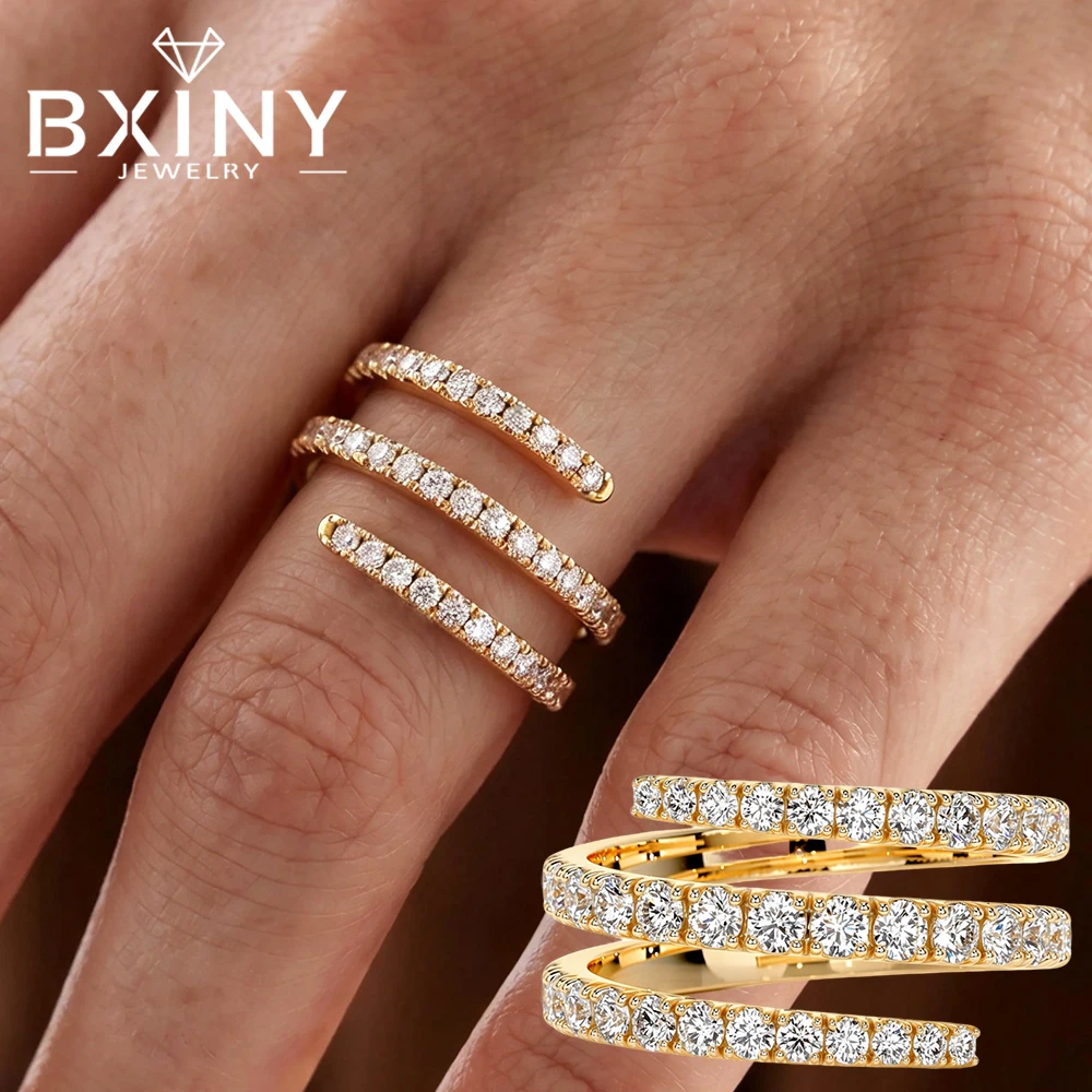 BXINY Full Moissanite Spiral Wrap Rings 925 Sterling Silver Gold Plated for Women Diamond Statement Open Bands for Women Jewelry