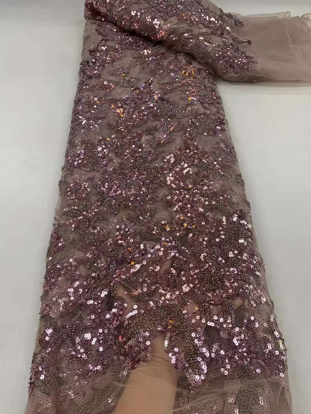 Rose gold African Beaded Groom Tulle lace Fabric  High Quality Sequins Embroidery French Lace For Nigerian Party Dress Sewing