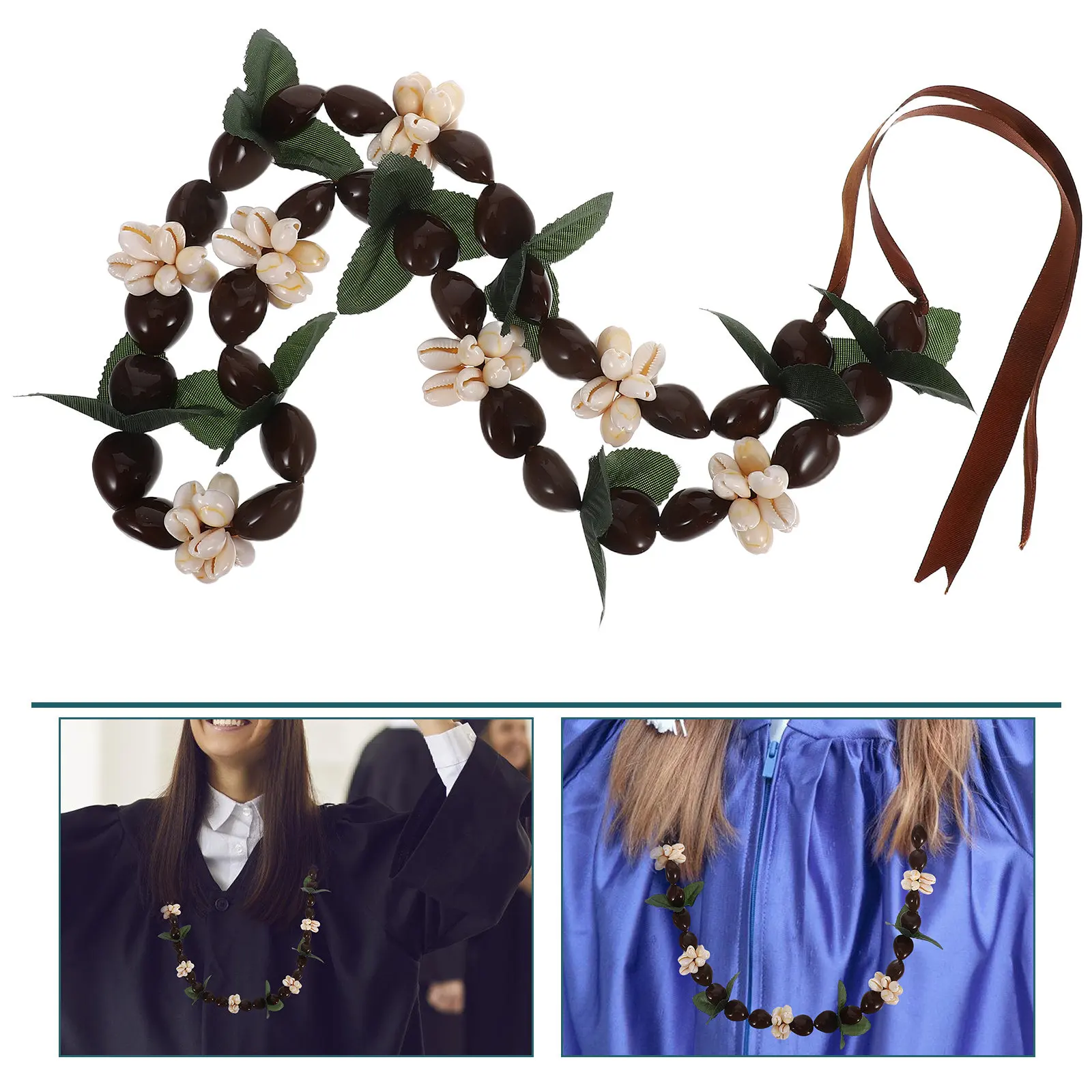 

Black Nut Graduation Garland Hawaiian Flower Necklace Ribbon Bow Tie Graduation Party Accessories College High School