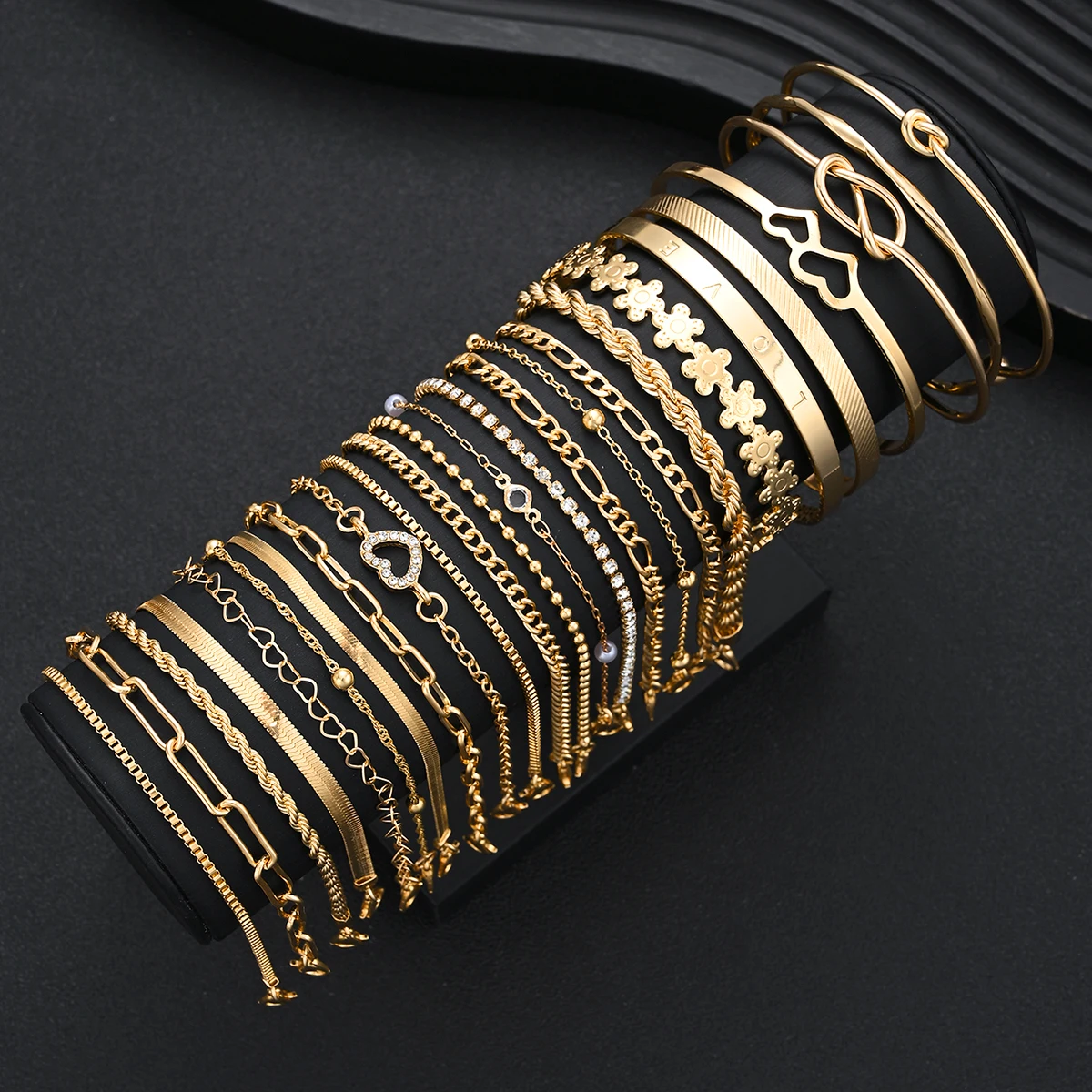 25 Pcs/Set Personalized Multi-Element Thick Line Gold Color Heart Pearl Zircon Bangle Bracelet For Women Daily Wear Jewelry 2026