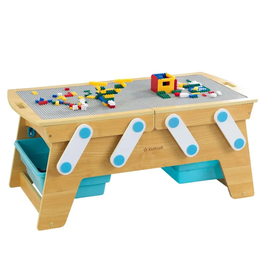 Building Bricks Play N Store Wooden Table, Childrens Toy Storage with Bins, 200 Building Blocks Included, Natural, Gift for Ages