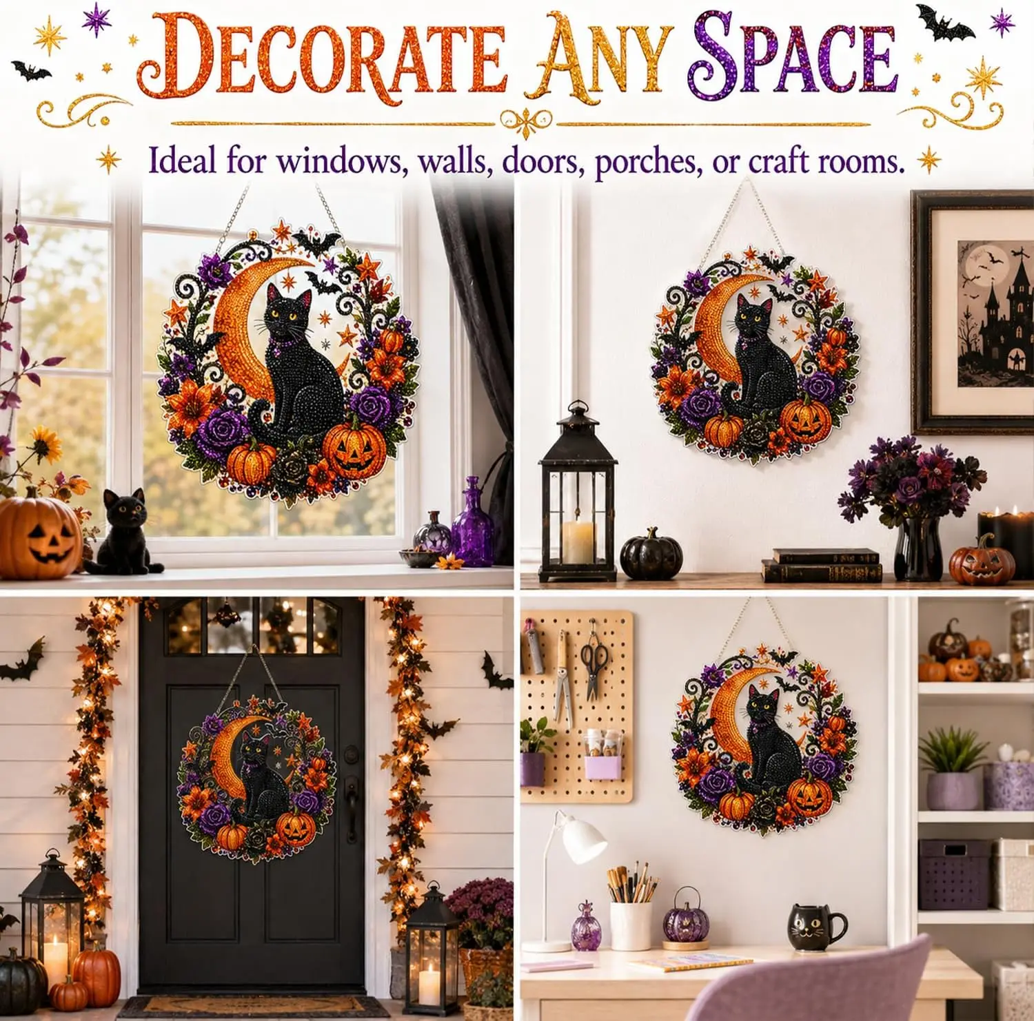Halloween Pumpkins Diamond Art Hanging Ornament Kit for Adults 5D Black Cat Moon Pearl Art Kits DIY Special-Shaped Suncatcher Pe - view 5