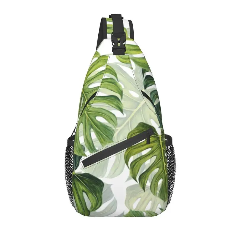 Monstera Leaf Tropical Plants Pattern Sling Crossbody Chest Bag Men Summer Botanical Leaves Shoulder Backpack for Traveling