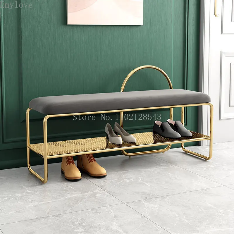 пуфик в прихожую Fashion Shoes Bench Soft Cushion Shoe Stool with 2-layer Shoe Rack Iron Shoes Changing Stool Nordic Furniture