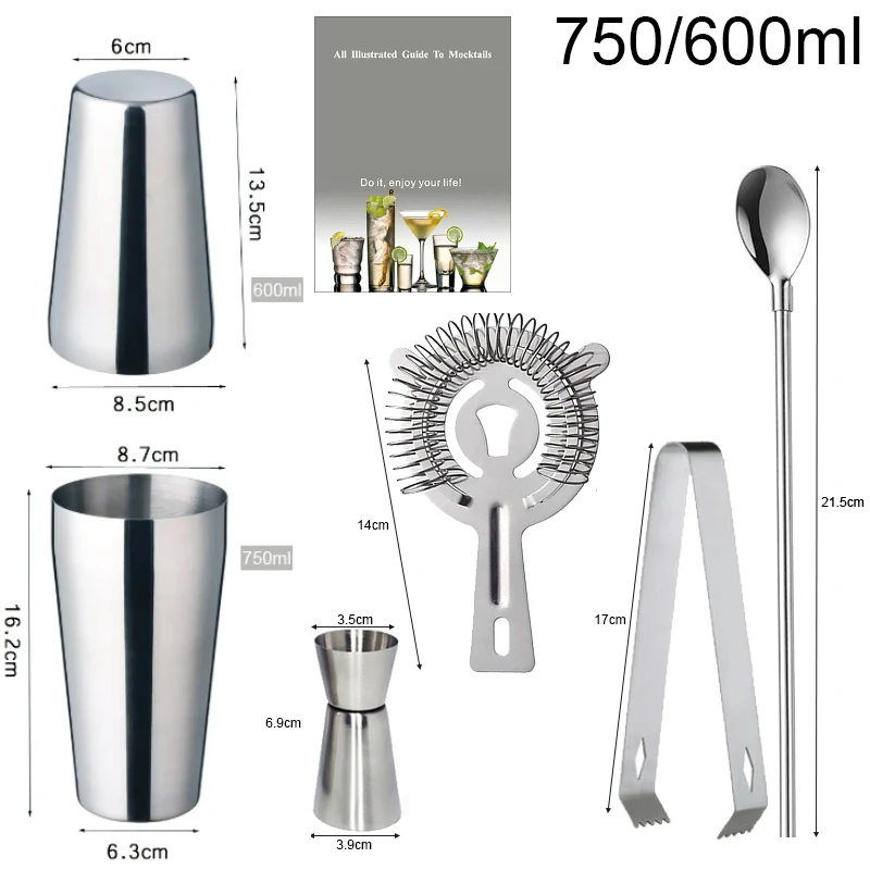 6 Piece 750/600ml Boston Cocktail Shaker Set, Bartender Kit Shakers with Recipe, Jigger Ice Tongs Strainer Straw Spoon