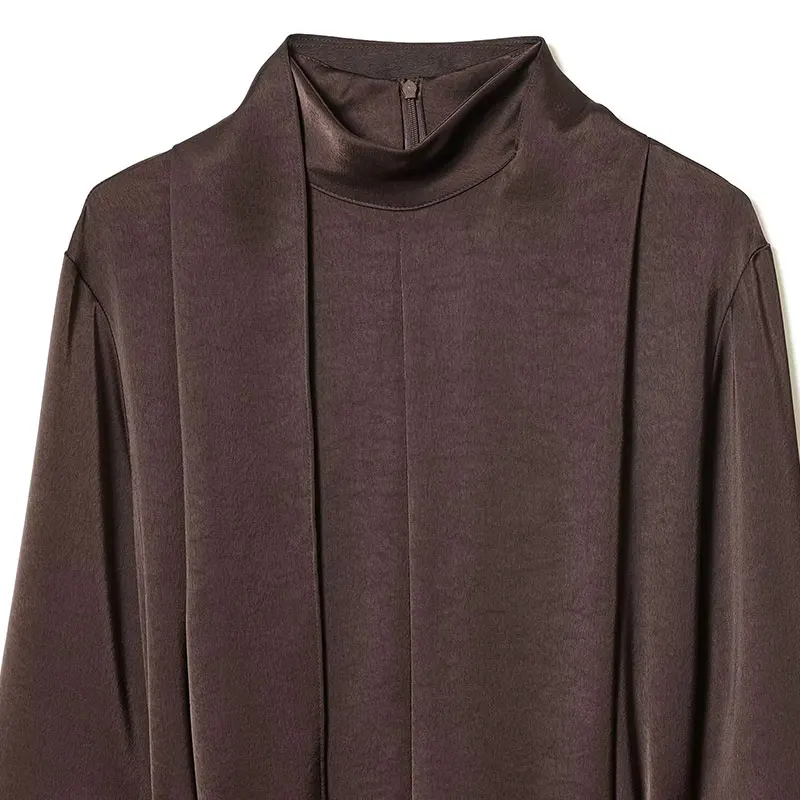 Nlzgmsj 2026 elegante elegante satén marrón bufanda cuello mujeres vestido de manga larga cinturón de moda decoración vestido de mujer