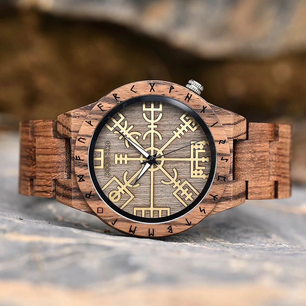 BOBO BIRD Viking Vegvisir Man\'s Wooden Watches Vintage Watch for Men Wood Clock