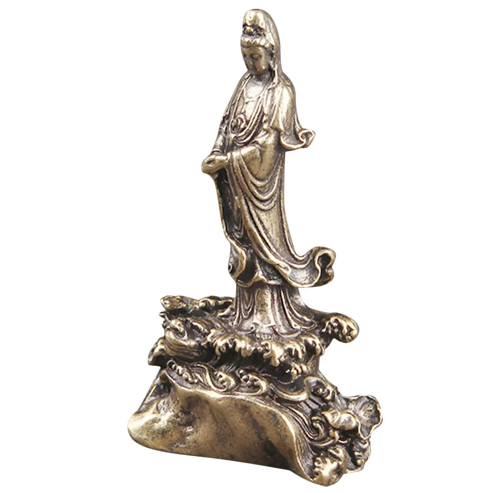 Retro Brass Guanyin Statue Desktop Ornament for Home Office Living Room Bedroom Balcony Garden Indoor Decor Small Compact