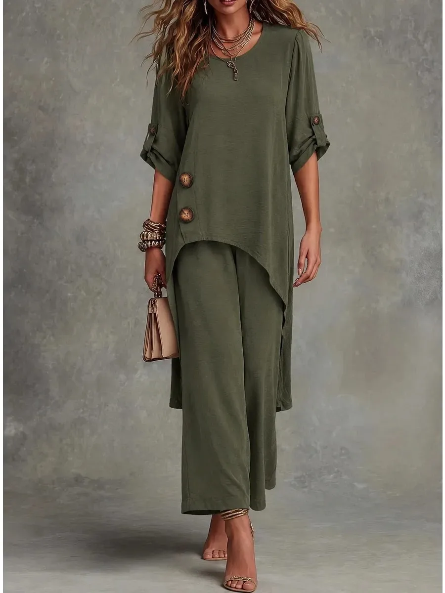 Women's 2-Piece Outfit Roll Tab Sleeve Split Tunic Top with Wide Leg Pants Casual Loose Solid Color Pant Set
