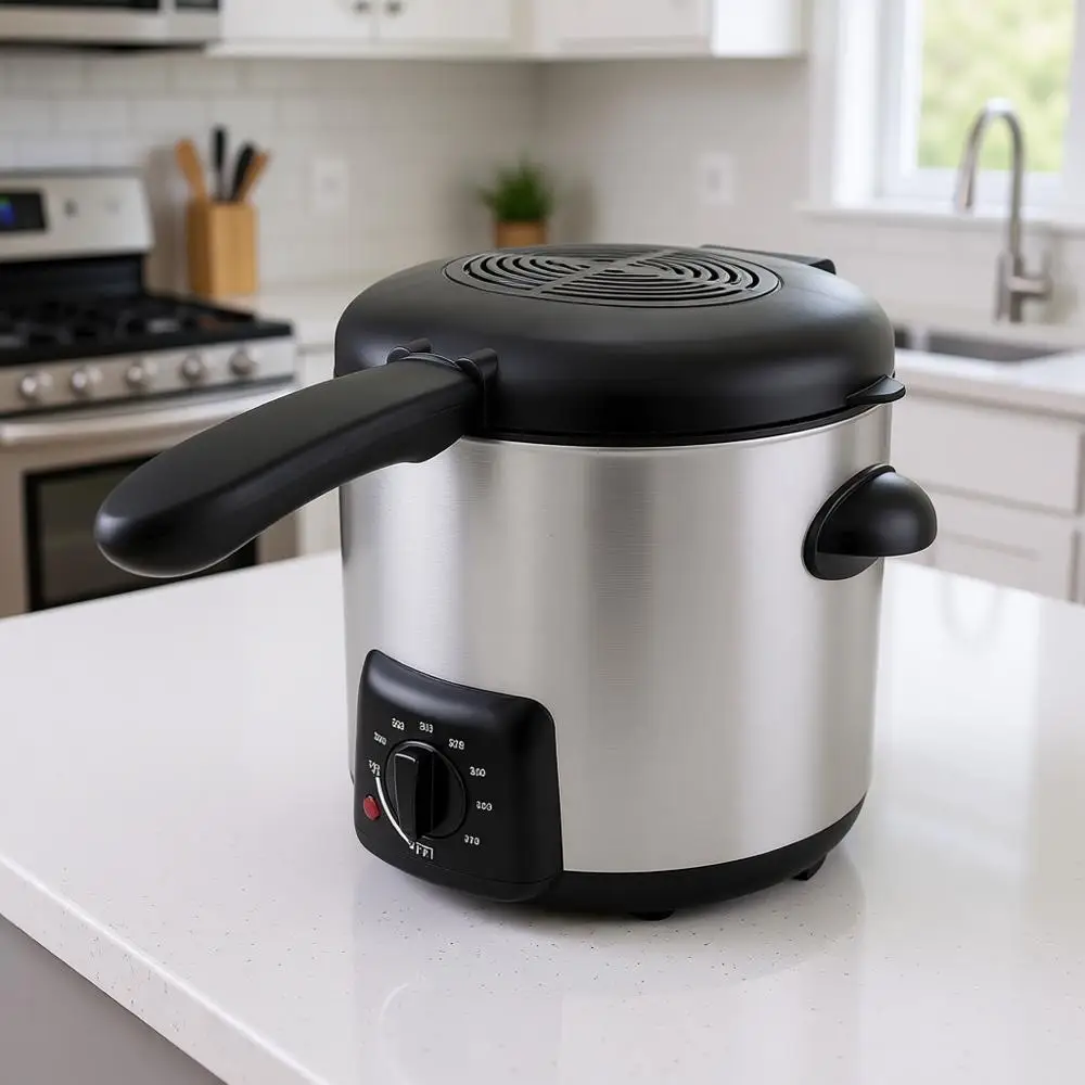 

Электрическая фритюрница, объем 0,9 л, мощность 840 Вт, регулируемая температура, фиксирующаяся крышка, съемная корзина, сенсорные ручки, нержавеющая сталь