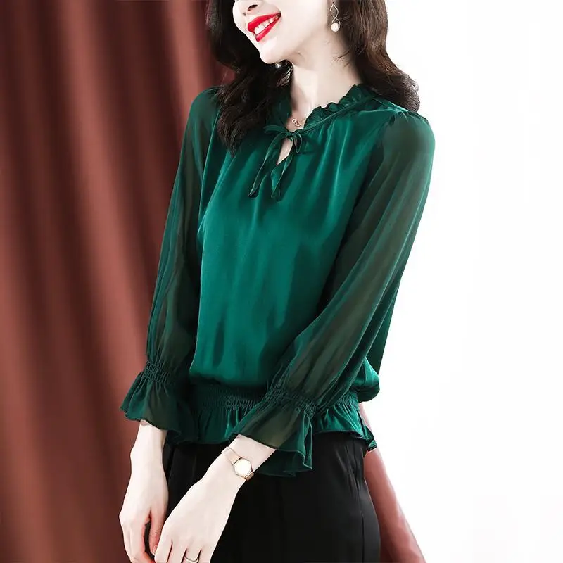 Elegant Korean Solid Color Ruffles Shirt Spring Autumn Casual Fashion Lace Up Butterfly Sleeve Loose Blouses Women\'s Clothing