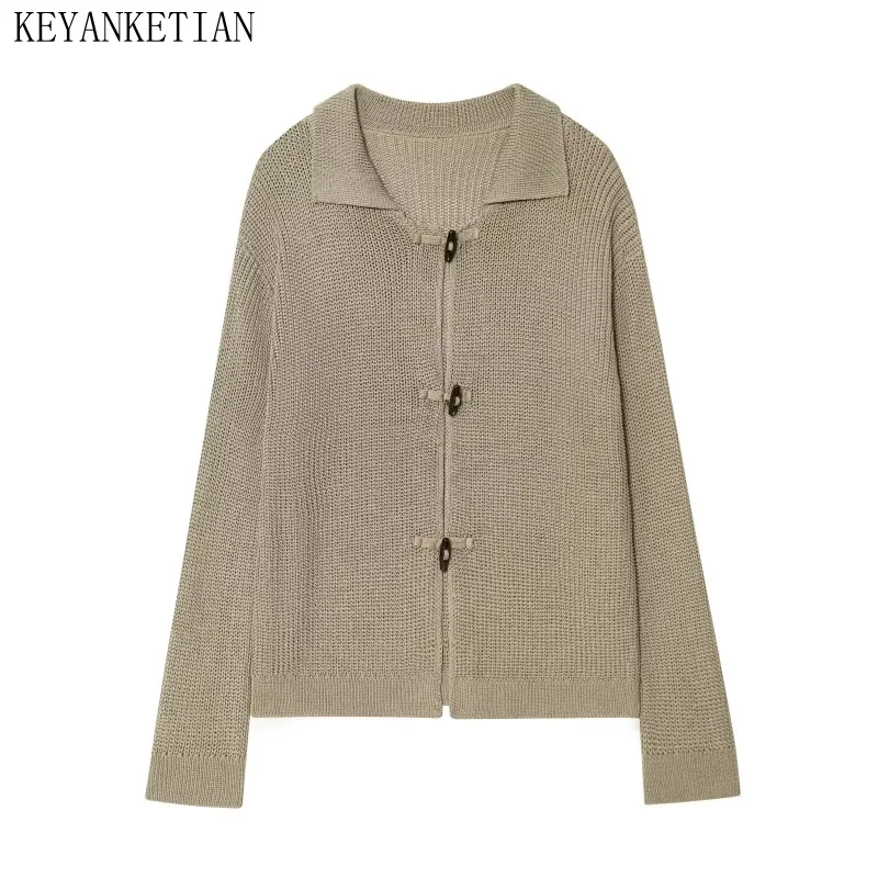 

KEYANKETIAN Autumn New Women's Clothing Retro Lapel Horn Button Thick Needle Sweater Women's Casual Knitted Cardigan Coat