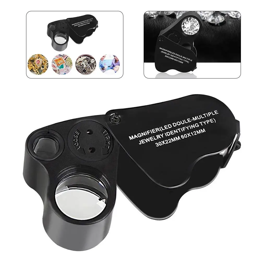 30X 60X Illuminated Jewelers Loupe Foldable with LED Light for Jewelry Gems Watches Coins Stamps Antiques Black