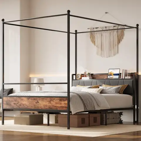 LIKIMIO Canopy Bed Frame Queen / King Size with Storage & Charging Headboard,Bed Frame with 4 Removable Sturdy Posts, Noise Free