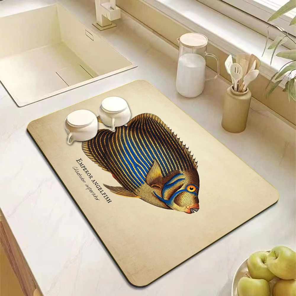 Vintage Fish Style Printed Kitchen Tableware Coffee Draining Pad Dinnerware Cup Bottle Placemat Super Absorbent CoffeeMats