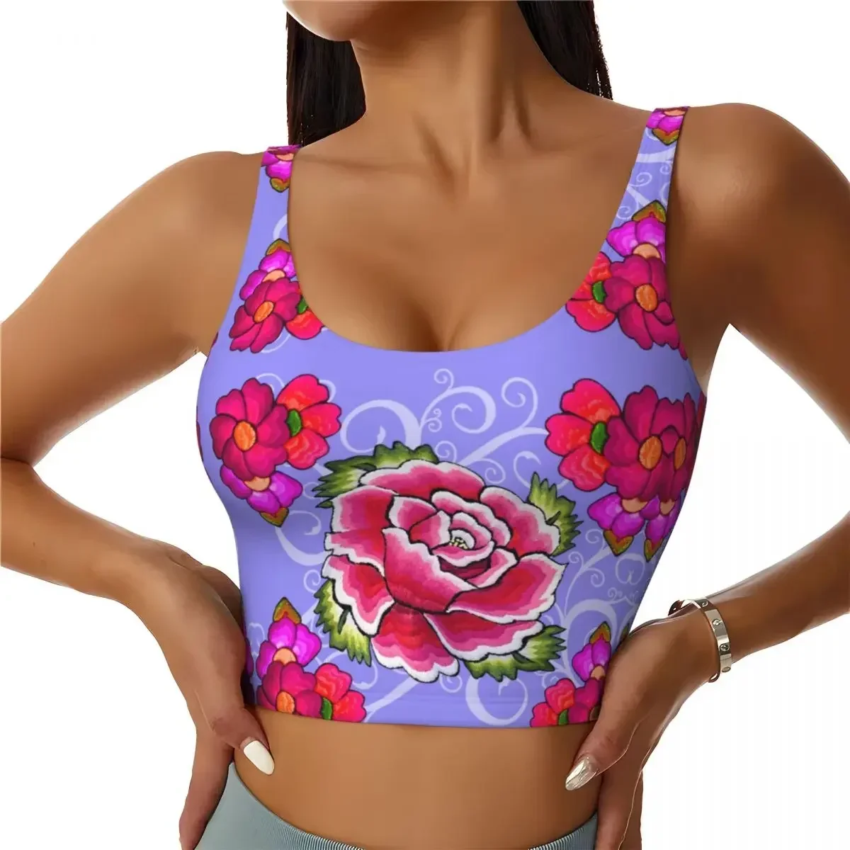 

Custom Colorful Mexican Flowers Workout Crop Tank Tops Women Seamless Flower Pattern Yoga Running Sports Bras
