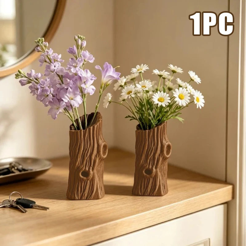 Rustic Tree Stump Shape Vase 3D Printing Bark Brushes Pens & Dried Flowers Vase Multi-purpose Decor for Tea Room Study Living Ro