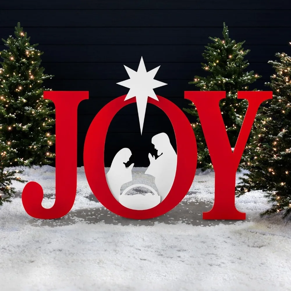 

46in Outdoor Joy Christmas Nativity Decoration, 3 Piece Yard Decor Sign Holy Weather Resistant PVC Silhouette for Garden