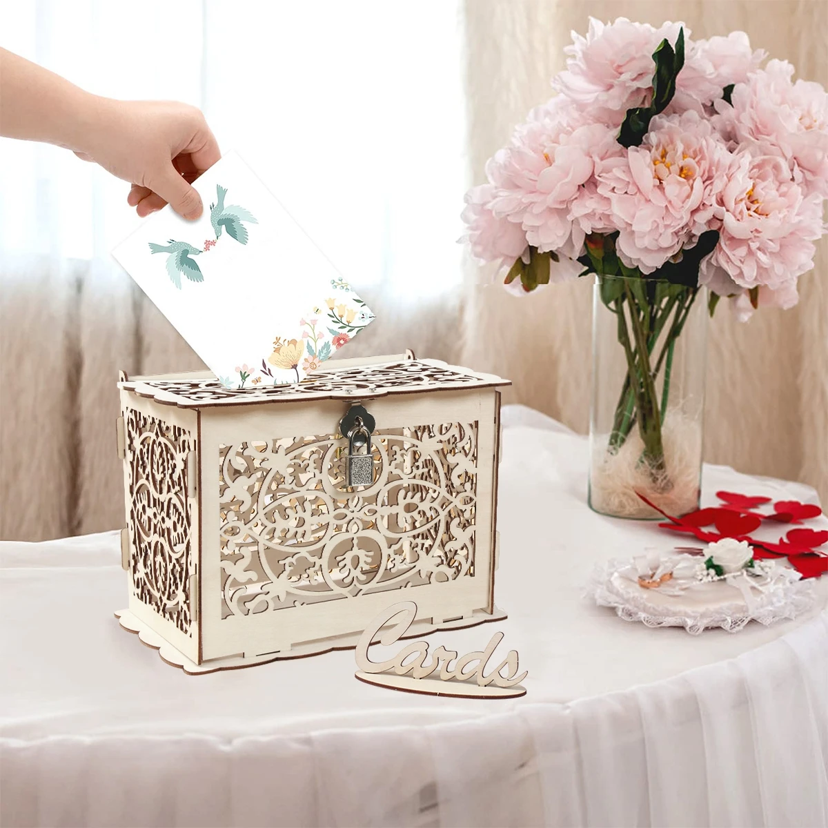 Wedding Card Box Carved Openwork Wooden with Lock Mr&Mrs DIY Couple Love Pattern Envelope Sign Cards Decoration Party Supplies